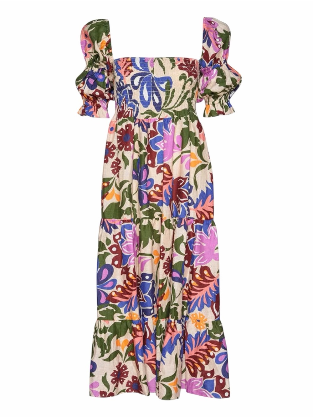 MISA Yolanda Floral 100% Linen Midi Dress Beige Multi